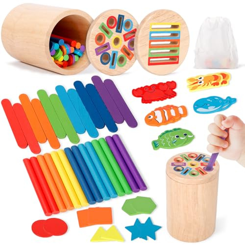 GRIRDDIV Montessori Spielzeug ab 3 Jahr, 4-in-1 Montessori Spielzeug ab 4 5 6 Jahre, Geschenk Mädchen Jungen 4 5 Jahre, Farbe Sortierspiel, Motorikspielzeug, Holz Sortier & Stapelspielzeug