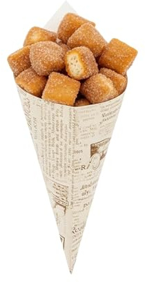 Restaurantware Conetek 10-Inch Eco-Friendly Finger Food Cones: Perfect for Appetizers - Food-Safe Paper Cone with Newsprint Styling - Disposable and Recyclable - 100-CT
