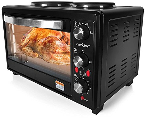 Updated Premium Version Multifunction Grill Oven, Dual Hot Plate, Toaster Oven w/Rotisserie, Grill/Griddle Top, Countertop Convection Oven, w/Wire Grill Rack, Baking Tray, Skewers, Tray Handles