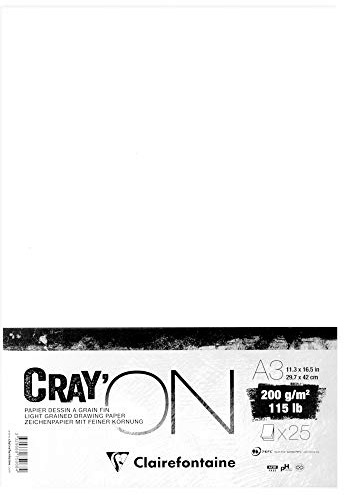 Clairefontaine 975068C Bogen Zeichenpapier Cray’On (25 Blatt, 200 g, Ideal für Trockentechnik, DIN A3) extra Weiß, Pack