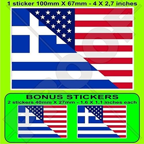 USA Vereinigte Staaten von Amerika und GRIECHENLAND HELLAS, Amerikanisch und Griechische Hellenische Flagge, Fahne 100mm Auto & Motorrad Aufkleber, Vinyl Sticker x1+2 BONUS