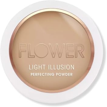 FLOWER BEAUTY Light Illusion Perfecting Powder Pressed Powder Face Makeup Buildable Medium Coverage with Blurring Pigments Includes Mirror Sponge, Tawny, 0.28 Ounce
