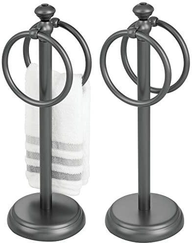 mDesign Handtuchhalter für den Waschtisch – freistehender Handtuchständer mit 2 Ringen für kleine Gästehandtücher – kompakte Handtuchhalterung aus Metall – 2er-Set – grau