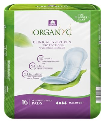 Organyc 100% Organic Cotton Inside and Out Incontinence Pads for Bladder Leaks, FSA/HSA Eligible, Maximum Flow, 16 Count