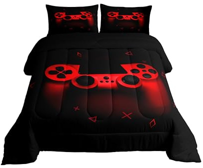 Boys Gamer Comforter Set Twin Size,Gamepad Bedding Set Kids Young Man Video Games Down Comforter for Teen Child Game Room Decor Black Red Classic Retro Gaming Quilted Duvet Set with Pillowcase