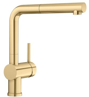 BLANCO LINUS-S | Küchenarmatur in satin gold | Mit herausziehbarem Schlauch | [11x26,6x28,7 cm] | Gesicherte Wasserqualität & wassersparend | Rückflussverhinderer | Keramik Kartusche | Hochdruck
