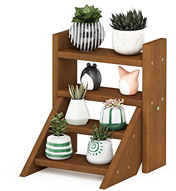 Furinno TIOMAN Plant Stand Indoor Outdoor, Tabletop Mini Ladder Planter Stand, Planter Shelf, Organizers, Indoor, Outdoor, Patio, Balcony, Garden, Meranti Wood