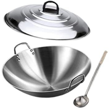 ksamwjf Verdickter Doppelohr-Edelstahl-Wok mit Deckel und Bratlöffel 60–80 cm, schnelle Wärmeleitfähigkeit, unmagnetischer Mehrzwecktopf, unbeschichtet, geeignet für Gaskochfelder