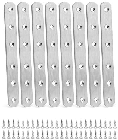 QWORK® 8 Pezzi 160x20x3mm Piastre Staffa Piatta Forata, Piastre di Giunzione per Riparazione, In Acciaio INOX, per Fissaggio Mensola Supporto Mobili con 48 viti