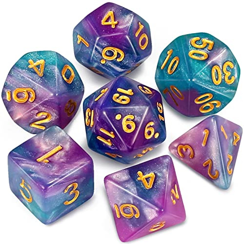 QMAY Polyedrisches Würfel Set - 7 Stück Dice (Lake Blue+Violett+Glitter) | Spielwürfel mit Beutel für Dungeon und Dragons MTG RPG D&D, D20, D12, D10, D%, D8, D6, D4