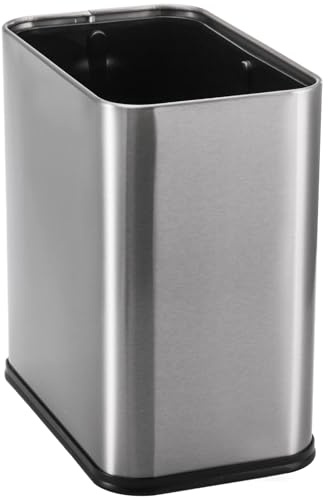 Coloch Small Metal Trash Can, 2.6 Gallon(10L) Slim Size Wastebasket for Narrow Spaces Stainless Steel Garbage Bin Silver Invisi-Overlap Open Top Rubbish Bin for Bedroom, Bedroom, Toilet, Undersink