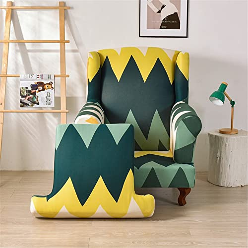 Highdi Ohrensessel Überzug 2-Teilig, Mode Retro Sessel-Überwürfe Ohrensessel Schonbezüge Bezug Universal Sesselhusse Strandmon Tiger Stuhlbezug mit Armlehne Hohe Rückenlehne (Gelb grün Welle)