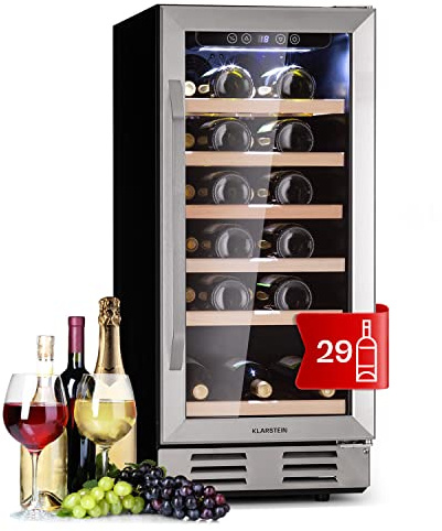 Klarstein Weinkühlschrank Freistehend, Kleiner Getränkekühlschrank Schmal, 1 Zone Weinkühlschrank mit Glastür, Indoor/Outdoor Beersafe, Kühlschrank Klein mit UV-Schutz, 5-18°C, 31 Flaschen