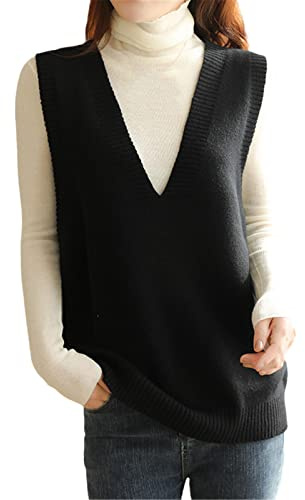 Chaleco de punto de lana de gran tamaño para mujer, chaleco sin mangas de cachemira con cuello en V de longitud media, Negro, L