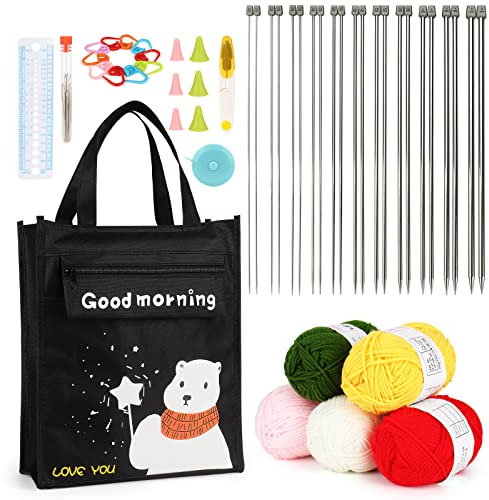 Aeelike 56 Stück Metall Stricknadeln Set mit Strickgarn, 35cm Extra Länge Edelstahl Einspitzige Stricknadel Set mit Strickzubehör, Niedlicher Bär Tasche, 2,0-8,0mm Strickset Stricken für Anfänger Set