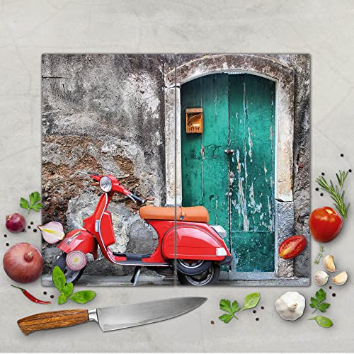 banjado Schneidebrett Glas mit Motiv Italienischer Roller - großes zweiteiliges Glasschneidebrett rechteckig 2 x 30 cm x 52 cm - auch verwendbar als Schneidebrett Herdabdeckung