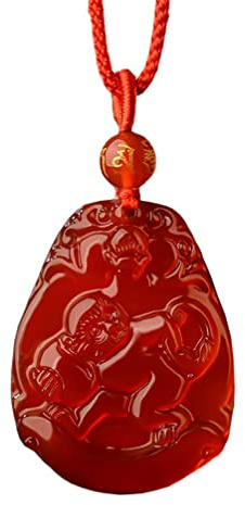 OAKKY Hommes en Agate Rouge Vintage Classique 12 Pendentif Signet du Zodiaque Chinois Horoscope Animal Sign Collier Amulette