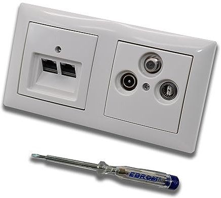 Busch Jäger, Rutenbeck Unterputz Netzwerkdose 10 Gigabit/S (10GbE) KAT6A 6A 2xRJ45 Anschluss + WISI TV SAT RADIO 3Loch Dose im BJ BalanceSi alpinweiß Design + EBROM Phasenprüfer z. Montage d. Geräte