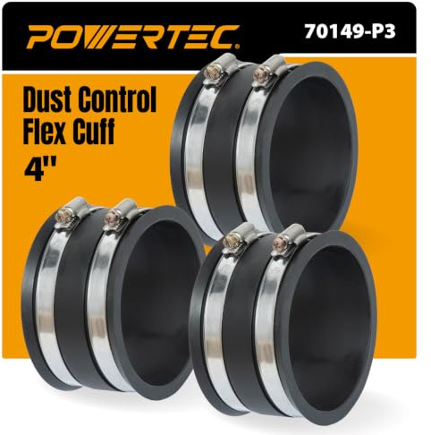 POWERTEC 70149-P3 4 Inch Dust Control Flex Cuff with Steel Hose Clamps, Hose Connector Rubber Cuff Coupler for Woodworking Dust Collection Fittings, Dust Collector Accessories & Machinery, 3 Pack