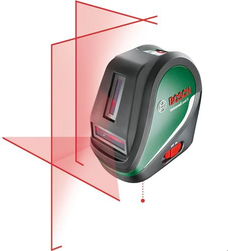 Bosch krysslaser UniversalLevel 3 med teleskopstativ (tre laserlinjer inkl. vertikallinje i 90° vinkel för ett extra laserkors i taket och nedre lodpunkt för exakt inriktning, i kartong)