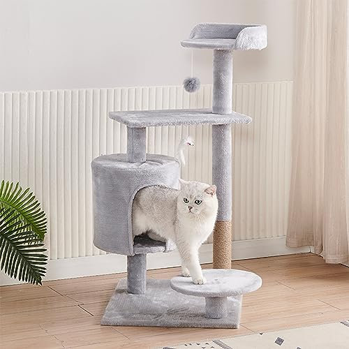 ANram Kratzbaum mit Spielzeug, Katzenturm für Wohnungskatzen, Katzenhaus mit gepolstertem Plüsch und Sisal-Kratzstämmen