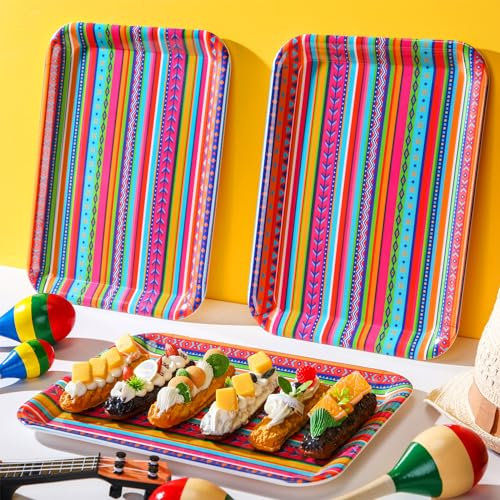 Zubebe Set of 3 Cinco De Mayo Serving Trays 13 x 10 - Mexican Party Decorations, Fiesta Supplies, Reusable Large Boho Rainbow Platter for Festivals
