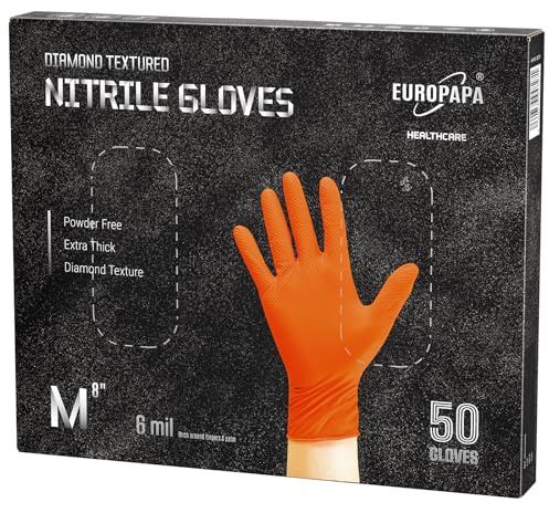 EUROPAPA 50x gants en nitrile extra épais DiamantGrip Diamant noir et orange Gants jetables Perfect Grip gants de protection de montage gants de travail sans poudre sans latex (M, orange)