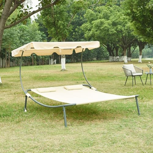 casa.pro Chaise Longue Double avec Auvent Réglable Transat pour 2 Personnes avec Coussins Lit de Repos Bain de Soleil pour Extérieur Acier Laqué Polyester 200 x 173 x 146 cm Beige