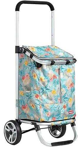 Shopping Cart Folding Shopping Cart Aluminum Trolley Third Gear Telessmall Trolley Portable Shopping Trolley Grocery Cart/Blue Flowers(Color:Silver/Gray) (Blue Flowers)