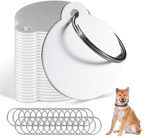 Modixun Unbedruckte Hundemarken zum Gravieren, 3,1 cm, personalisierbar, runde Metall-Stempelrohlinge, Aluminium-Metallanhänger mit Schlüsselanhänger, 25 Stück