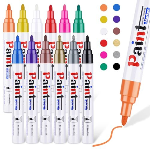 Nesayerk Permanent Marker Set Wasserfeste Steinmalstifte, 12 Farben Paint Marker Stifte für Steine Bemalen, Glas, Holz, Kunststoff, Metalle, Reifen, Keramik Tasse