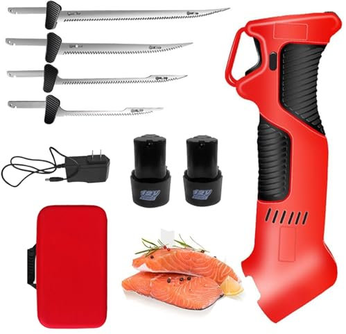 Coltello Elettrico Per Sfilettare Pesce, Coltello Per Sfilettare Pesce Senza Fili/Coltello Da Intaglio-4 Lame Alternative Rivestite Antiaderenti/2 Batterie Agli Ioni Di Litio E 1 Borsa,Red