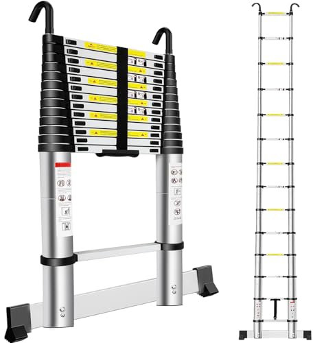 Exleiter Extendable Telescopic Ladder 4.9M, Aluminium Telescoping Ladder with Detachable Hooks and Stabiliser Bar, Adjustable Height Portable Sturdy Loft Ladder Secure Climbing for Hom