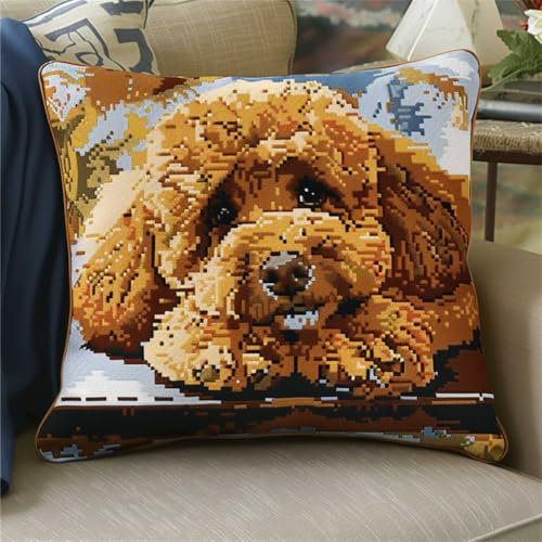 RKFLGEW DIY knüpfen set erwachsene Pudel Tier knüpfkissen set Fantasie Hund Kissenbezug zum Selbermachen für Anfänger und Erwachsene，Geschenke für Familie，Freunde，Handarbeiten，Basteln，Hakense 43x43cm