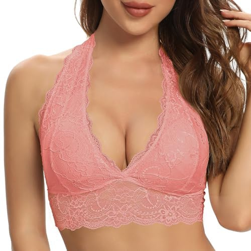 SHEKINI Reggiseno con allacciatura al collo Bralette Donna Pizzo Fiori Bustier Crop Top Reggiseno Triangolare senza Ferretto Imbottitura Rimovibile Reggiseno Scollatura Profonda Corset Top Biancheria
