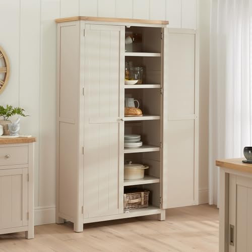The Furniture Market | Marbury Putty Grey Painted | 2 Door Double Shaker Kitchen Larder Pantry Cupboard | Wide Storage Unit | Adjustable Shelves & Hooks | Fully Assembled | H 1900 x W 1000 x D 450mm
