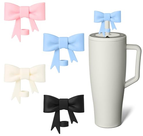 VEGCOO 4PCS Cute Bow Straw Covers, Silicone Straw Toppers for Stanley 30/40oz Tumblers, Reusable Straw Tips Cover for 9-10mm Straws