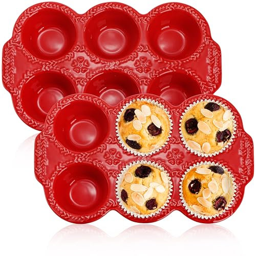 Hiceeden 2 Stück 6 Tassen Keramik Muffinform Antihaft Cupcake Backformen mit Griff Keramik Muffinform mit geprägtem Muster für Muffin Cupcake Rot