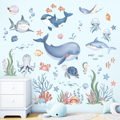 wondever Wandtattoo Unter dem Meer Fisch Wandsticker Ozean Wale Seetang | Abziehen und Aufkleben, Abziehbar, Wandaufkleber Selbstklebend für Kinderzimmer Babyzimmer Schlafzimmer Wanddeko