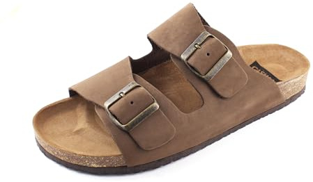Casual nubuk, lädersandaler män äkta läder, sandaletter, tofflor med korksula, tillverkad i Spanien, BRUN, 47 EU