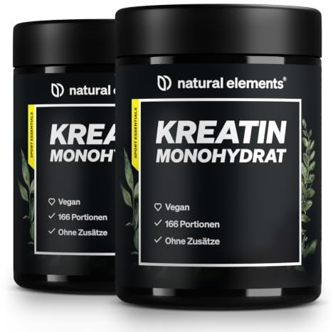 natural elements Creatin Monohydrat 2er Set – 2x 500g ultrafeines Pulver (Meshfaktor 200) – 332 Portionen reines Kreatin – hochdosiert – vegan, ohne unnötige Zusätze – laborgeprüfte Qualität