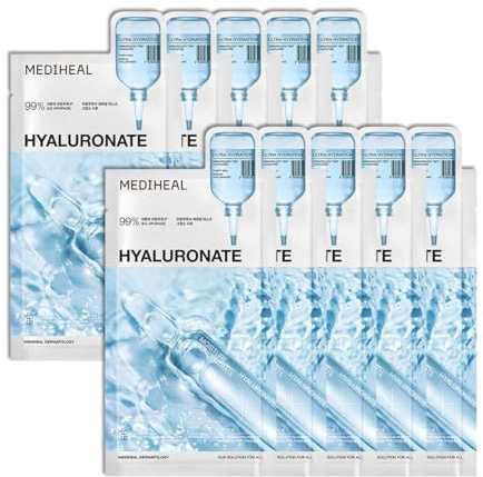 Mediheal Essential Face Mask [Hyaluronic Acid] Ultra Hydration 10 pcs. with 98% Purity Hyaluronic Acid for long-lasting, deep hydration, Moisture Barrier - Travel Size, Vegan Formula Korean Sheet Mask