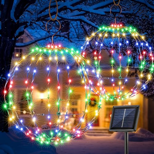 Set mit 2 solarbetriebenen Kugel-Lichtern – 2 Größen von Weihnachts-Laternen für den Außenbereich, wasserdichte Kugel-Lichterkette mit 8 Beleuchtungsmodi, Timer-Speicherfunktion (mehrfarbig)