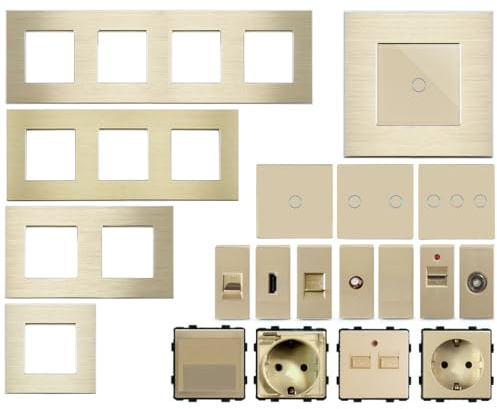 WLAN Touch Lichtschalter Wechselschalter Dimmer Serienschalter Steckdose | LED beleuchtet | Alexa/Google Home kompatibel | Glasrahmen | Gold | LUXUS-TIME (Rahmen 2-Fach)