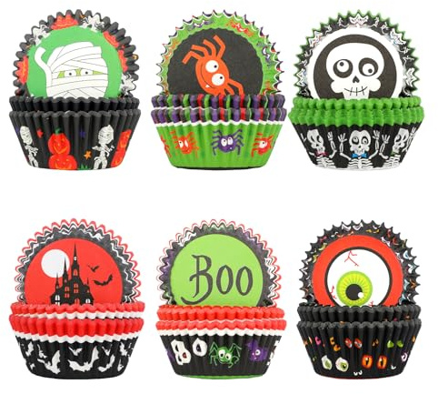 BOXOB 300pz Pirottini per Cupcake di Halloween, Pirottini Muffin a Forma di Teschio Ragno Castello Pirottinis Cupcakes Carta Pirottinis Cupcake per Feste Halloween (6 Stili)
