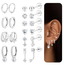 MOGASA Hypoallergenic Surgical Steel Flat Back Earrings for Women Silver/Gold Studs Hoops Earrings Set Cartilage Tragus Sleeper Earring for Sensitive Ears 14K Gold Earing for Women Helix Piercing