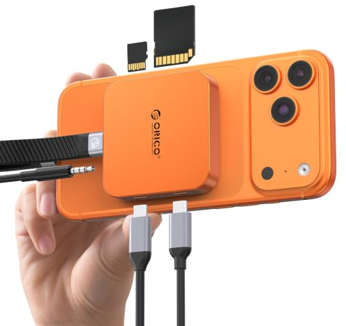 ORICO Lector de Tarjetas SD USB-C magnético, Card Reader SD 3.0, con Puerto USB-C 100W, Type-C 5 Gbps, AUX 3,5 mm, Compatible con iPhone 17/16/15, Transferencia de Datos 104 MB/s, AIR5C