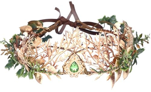 MOSTORY Renaissance Waldfee Krone Blattkranz für Frauen Karneval Accessoires, Gold Grün Elfen Kopfschmuck für Feen Kostüm Damen Cosplay