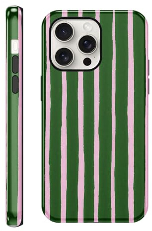 Yirlbey Gestreift Sommer Handyhülle für iPhone 15 Pro Hülle 6,1, Aesthetic Summer Grün Streifen Striped Muster Motiv Design für Mädchen Schutzhülle Zweischichtige Stoßfest Bunt Silikon TPU Case