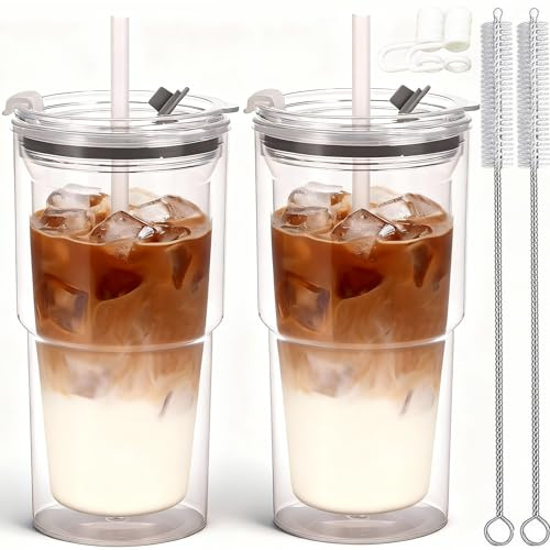 CuppaLifes 510ml Plastic Cups with Lids and Straws, Double Wall Reusable Coffee Cup, Translucent Travel Mug for Hot Drinks (2, Clear)